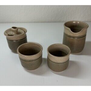 Stoneware Pottery Set of 2 Coffee Espresso Sugar Bowl w/Lid & Creamer Earthware